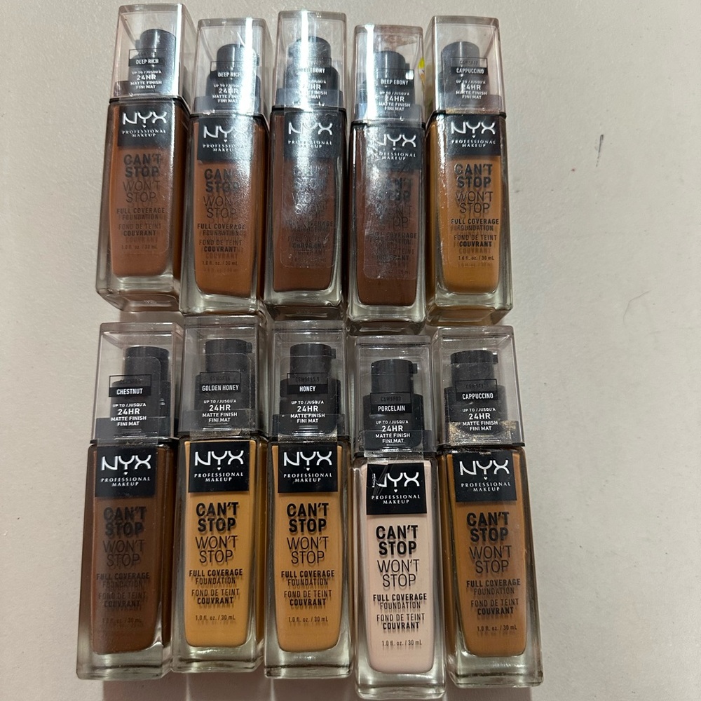 Lot of 10 bottles of NYX Professional Makeup Can't Stop Won't Stop Full Coverage